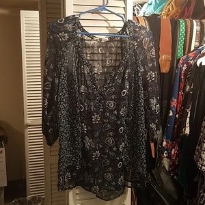 Flowery, flowy blue blouse, sheer